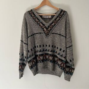 Vintage Method Grandpa Sweater V-Neck Size Medium Gray 80s 90s Abstract Design